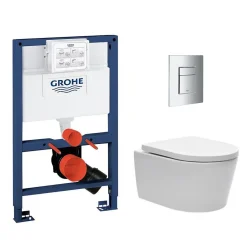 Wc Suspendu|Grohe Pack WC Rapid SL + Cuvette sans bride SAT, fixations invisibles + Plaque Chrome (RapidSL082-SATrimless-1)
