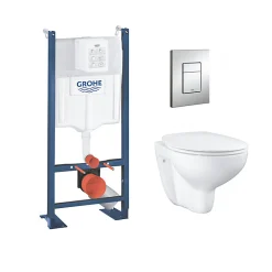 Wc Suspendu|Grohe Pack WC Rapid SL autoportant + cuvette Bau Ceramic sans bride + plaque Skate Cosmo chrome (ProjectBau-1)