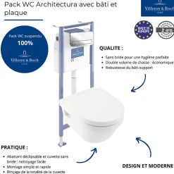 Wc Suspendu|Villeroy & Boch Pack WC sans bride VILLEROY ET BOCH Architectura avec abattant + bâti-support sol et mur Viconnect PRO + plaque chromée brillant