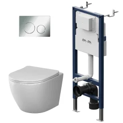 Am.Pm Europe Pack WC suspendu bâti mural et cuvette Plaque Round Chrome Pack WC Bati-support AM.PM X-Joy S