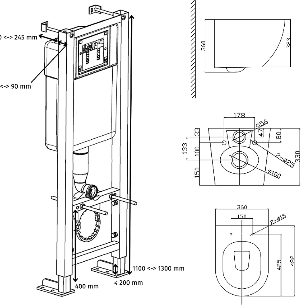 Planète Bain Pack WC suspendu gain de place bâti universel Siamp + cuvette sans bride Corolla