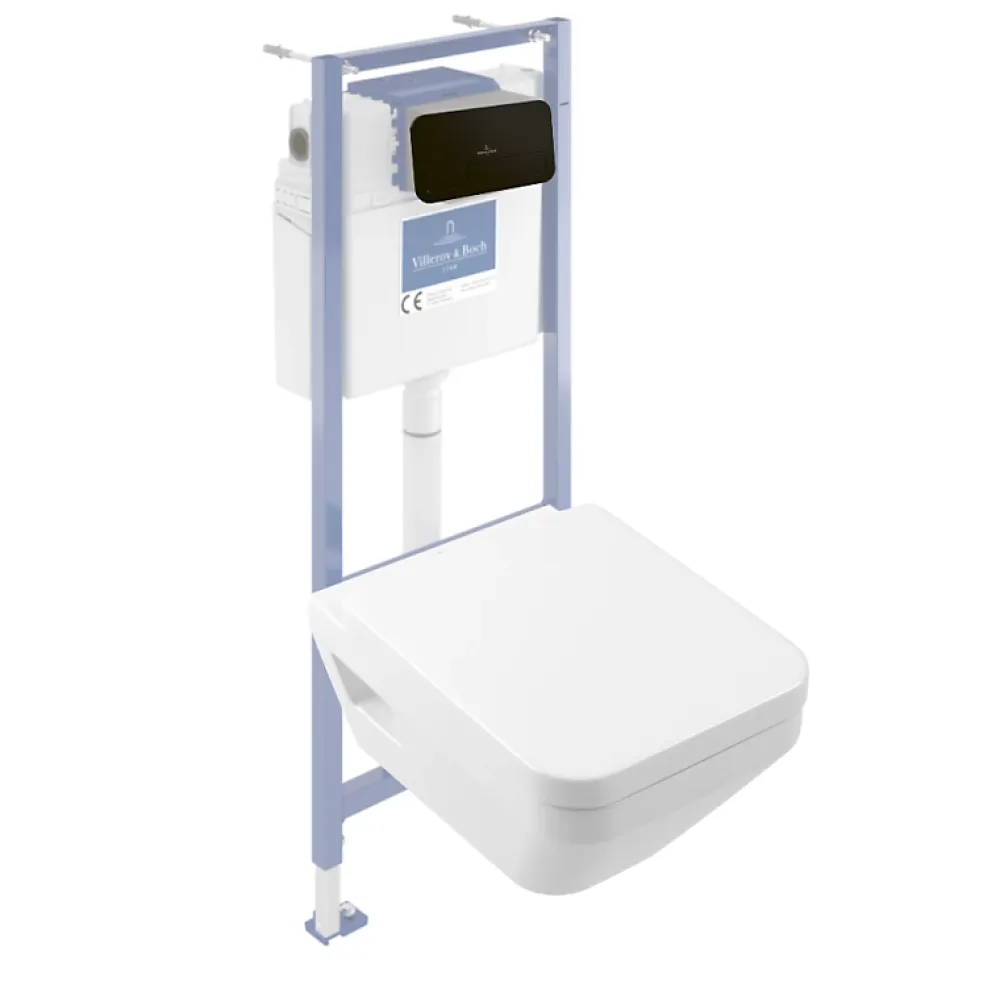 Villeroy & Boch Pack WC suspendu sans bride Architectura Twistflush e3 rectangle + bâti-support sol et mur + plaque noir
