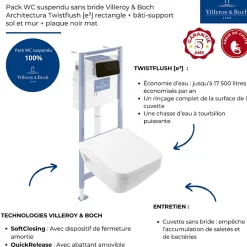 Villeroy & Boch Pack WC suspendu sans bride Architectura Twistflush e3 rectangle + bâti-support sol et mur + plaque noir