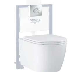 Wc Suspendu|Grohe Pack WC suspendu sans bride Start Round Ceramic + Bati support hauteur réduite universel mur-sol + Plaque carré chromé