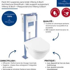 Wc Suspendu|Villeroy & Boch Pack WC suspendu sans bride VILLEROY ET BOCH Architectura Directflush + abattant + plaque blanche + bâti + Tabouret blanc