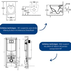 Wc Suspendu|Villeroy & Boch Pack WC suspendu sans bride VILLEROY ET BOCH Architectura Directflush + abattant + plaque blanche + bâti + Tabouret blanc