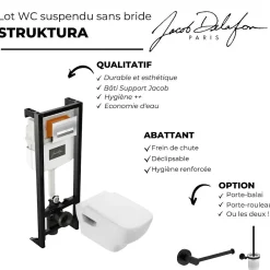 Wc Suspendu|Jacob Delafon Pack WC suspendu sans bride Struktura+ bâti-support + plaque Noir brillant/Noir mat