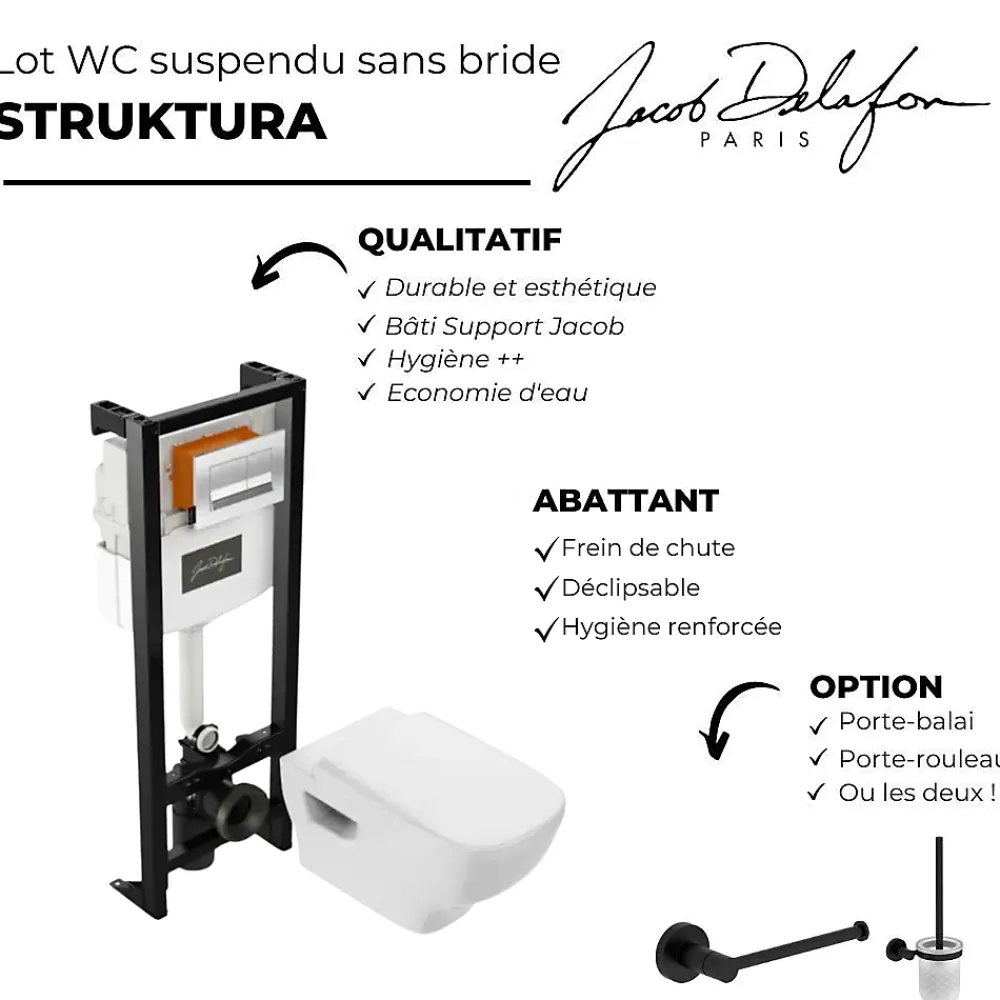 Wc Suspendu|Jacob Delafon Pack WC suspendu sans bride Struktura+ bâti-support + plaque Noir brillant/Noir mat