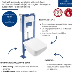 Wc Suspendu|Villeroy & Boch Pack WC suspendu sans bride Architectura Twistflush e3 rectangle + bâti-support ViConnect + plaque blanc