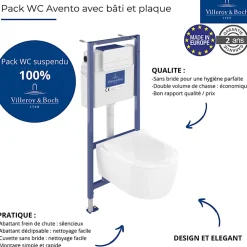Wc Suspendu|Villeroy & Boch Pack WC suspendu sans bride VILLEROY ET BOCH Avento + Bâti support ViConnect Pro + abattant frein de chute + plaque blanche
