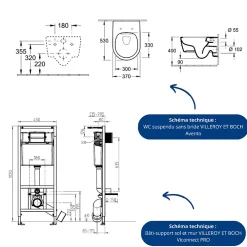 Wc Suspendu|Villeroy & Boch Pack WC suspendu sans bride VILLEROY ET BOCH Avento + Bâti support ViConnect Pro + abattant frein de chute + plaque blanche
