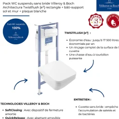 Wc Suspendu|Villeroy & Boch Pack WC suspendu sans bride Architectura Twistflush e3 rectangle + bâti-support sol et mur + plaque blanc
