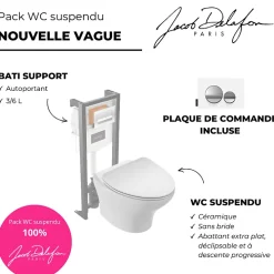 Wc Suspendu|Jacob Delafon Pack WC suspendu sans bride Nouvelle vague + bati support + plaque chromé brillant blanc mat