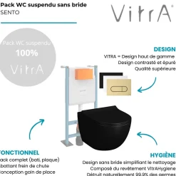 Vitra Pack WC suspendu Sento noir + bâti autoportant V-Fix Core + Plaque Round Noir mat