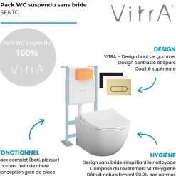 Vitra Pack WC suspendu Sento blanc mat + bâti autoportant V-Fix Core + Plaque Round Blanche