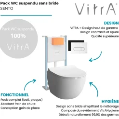 Wc Suspendu|Vitra Pack WC suspendu Sento blanc + bâti autoportant V-Fix Core + Plaque Round Blanche