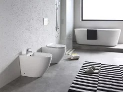 Wc À Poser|Laneri Paire de Sanitaires Bent Rimless - Cuvette + Bidet Mural au Sol Blanc Brillant - Sans Bride, Abattant Soft-Close