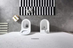 Wc À Poser|Laneri Paire de Sanitaires Bent Rimless - Cuvette + Bidet Mural au Sol Blanc Brillant - Sans Bride, Abattant Soft-Close