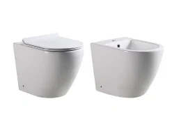 Wc À Poser|Laneri Paire de Sanitaires Bent Rimless - Cuvette + Bidet Mural au Sol Blanc Brillant - Sans Bride, Abattant Soft-Close