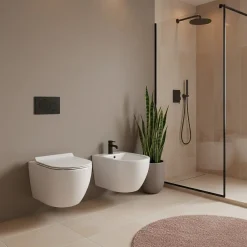 Wc À Poser|Laneri Paire de Sanitaires Suspendus Bent Rim - Cuvette + Bidet Rimless Blanc Brillant - Abattant Soft-Close