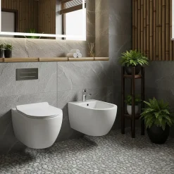 Wc À Poser|Laneri Paire de Sanitaires Suspendus Bent Rim - Cuvette + Bidet Rimless Blanc Brillant - Abattant Soft-Close