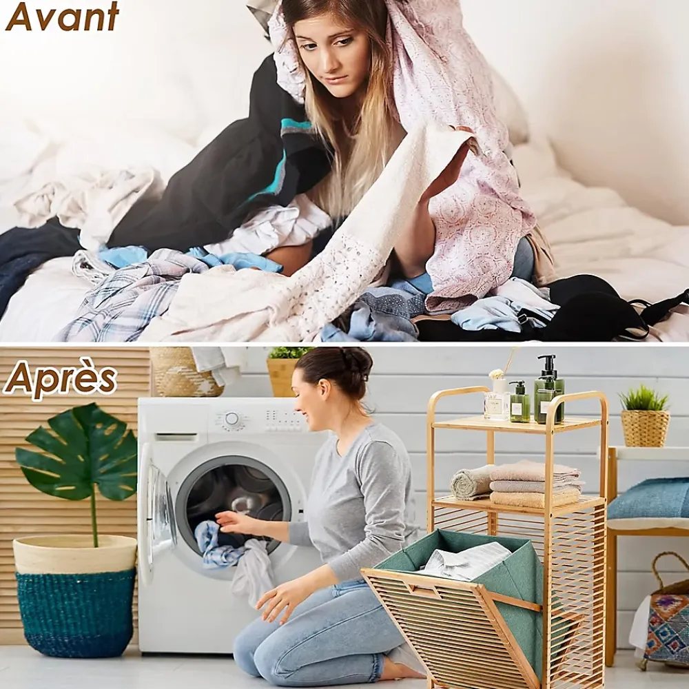 Giantex Panier à Linge en Bambou, Étagère Résistant à la Corrosion et aux Mites, Idéal pour Salle de Bain, Chambre, Balcon, Marron et Vert
