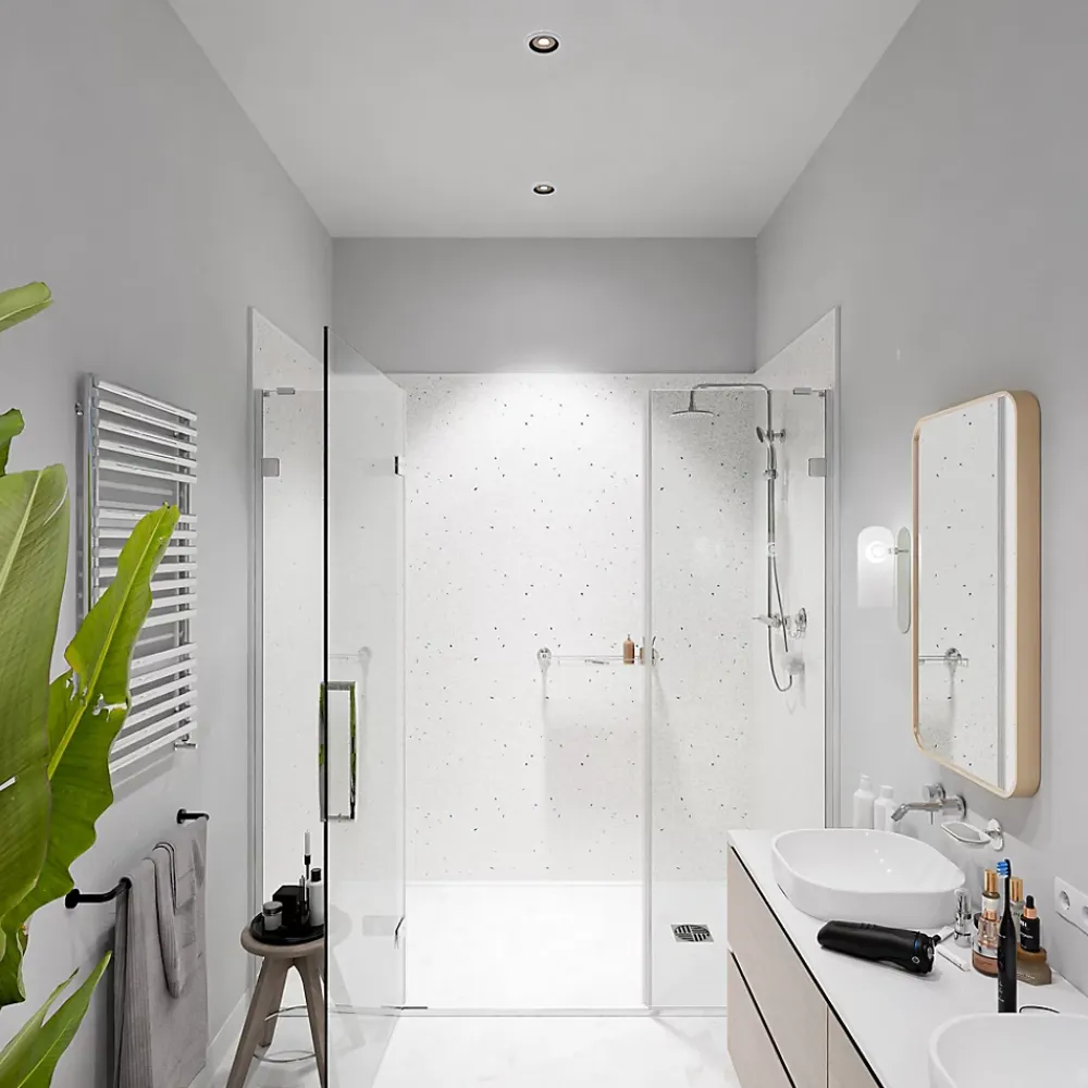 Mon Marché Déco Panneau Douche PVC Terrazzo Blanc - L. 240 x l. 100 x ép. 1 cm