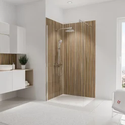 Panneau Mural De Salle De Bains|Schulte Panneau mural de salle de bains l.100 x H.210 cm, effet tasseaux bois chêne vertical, Décodesign Japandi vendu par 2