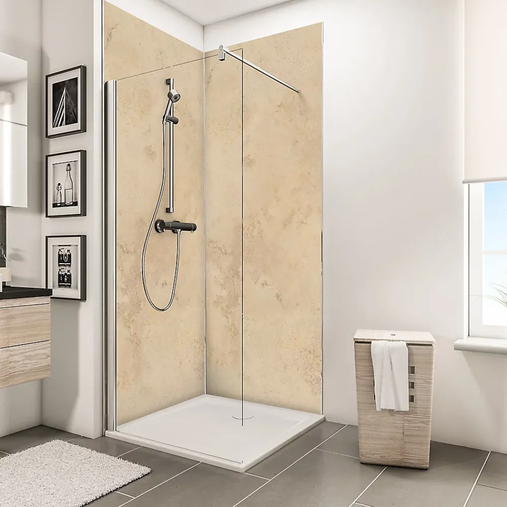 Schulte Panneau mural de salle de bains l.100 x H.210 cm, effet travertin beige, Décodesign vendu par 2