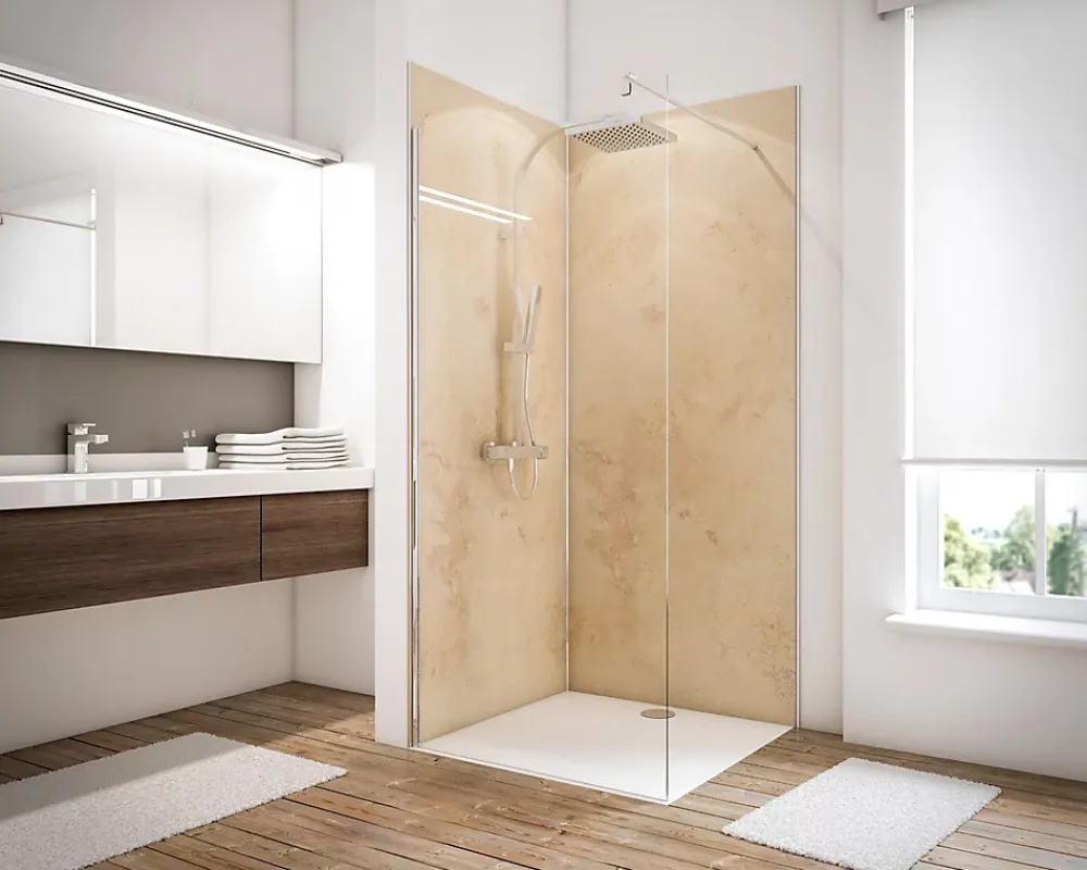 Schulte Panneau mural de salle de bains l.100 x H.210 cm, effet travertin beige, Décodesign vendu par 2