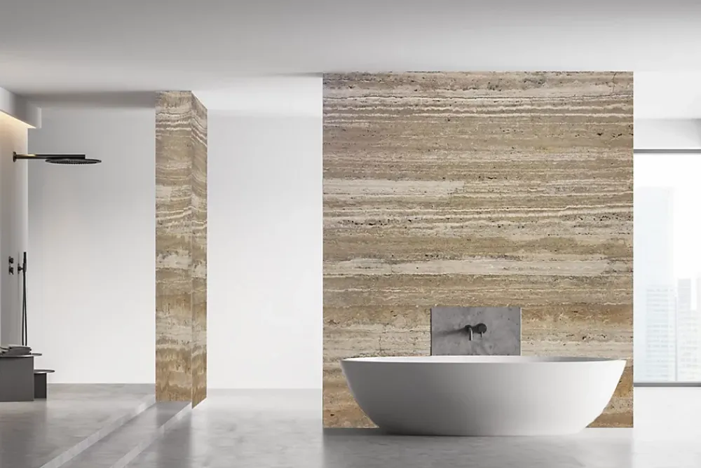 Stone Evolution Panneau 2500x1200x25 mm en véritable Travertin strié sur composite à chants nus