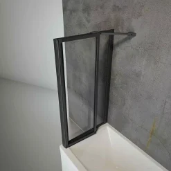 Schulte Pare baignoire à coller 2 volets + paroi de retour fixe, 89 x 70 x 120 cm, verre transparent, profilé noir,