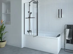 Vente-unique Pare baignoire avec porte-serviette et retour pivotant noir mat - (70 + 30) x 140 cm - PRIMAEL