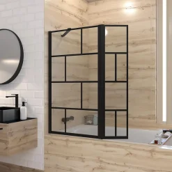 Pare-Baignoire|Aurlane Pare baignoire avec volet pivotant - profile noir mat - 130x104 (HxL) - verre 5mm sérigraphié