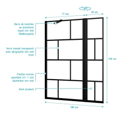 Pare-Baignoire|Aurlane Pare baignoire avec volet pivotant - profile noir mat - 130x104 (HxL) - verre 5mm sérigraphié