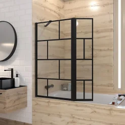 Pare-Baignoire|Aurlane Pare baignoire avec volet pivotant - profile noir mat - 130x104 (HxL) - verre 5mm sérigraphié