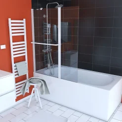 Pare-Baignoire|Aurlane PARE BAIGNOIRE AVEC VOLET PIVOTANT 130x105cm PROFILE ALUMINIUM LAQUE BLANC ET VERRE TRANSPARENT