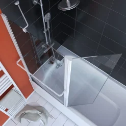 Pare-Baignoire|Aurlane PARE BAIGNOIRE AVEC VOLET PIVOTANT 130x105cm PROFILE ALUMINIUM LAQUE BLANC ET VERRE TRANSPARENT