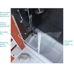 Pare-Baignoire|Aurlane PARE BAIGNOIRE AVEC VOLET PIVOTANT 130x105cm PROFILE ALUMINIUM LAQUE BLANC ET VERRE TRANSPARENT