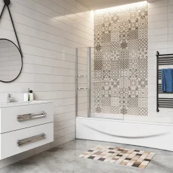 AICA Sanitaire Pare baignoire chromé pivotante L.120 x 140 cm avec 2 étagères - 6mm verre sécurité - solution pratique, élégante