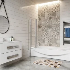 AICA Sanitaire Pare baignoire chromé pivotante L.120 x 140 cm avec 2 étagères - 6mm verre sécurité - solution pratique, élégante