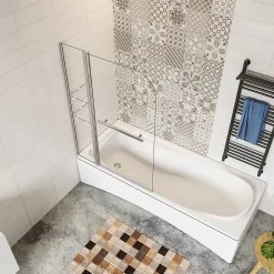 AICA Sanitaire Pare baignoire chromé pivotante L.120 x 140 cm avec 2 étagères - 6mm verre sécurité - solution pratique, élégante