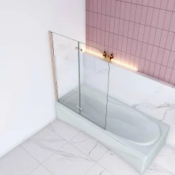 AICA Sanitaire Pare baignoire Chrome au angle arrondis pivotant 180 degrés L100xH140cm, 6mm verre anticalcaire avec bande central dépoli