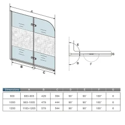 AICA Sanitaire Pare baignoire Chrome au angle arrondis pivotant 180 degrés L100xH140cm, 6mm verre anticalcaire avec bande central dépoli