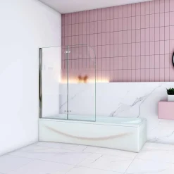 AICA Sanitaire Pare baignoire Chrome au angle arrondis pivotant 180 degrés L90xH140cm,6mm verre anticalcaire avec bande central dépoli