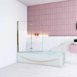 AICA Sanitaire Pare baignoire Chrome au angle arrondis pivotant 180 degrés L90xH140cm,6mm verre anticalcaire avec bande central dépoli