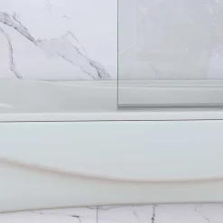 AICA Sanitaire Pare baignoire Chrome au angle arrondis pivotant 180 degrés L90xH140cm,6mm verre anticalcaire avec bande central dépoli
