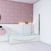 AICA Sanitaire Pare baignoire Chrome au angle arrondis pivotant 180 degrés,L120xH140cm, 6mm verre anticalcaire avec porte serviette