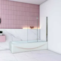 AICA Sanitaire Pare baignoire Chrome au angle arrondis pivotant 180 degrés,L120xH140cm, 6mm verre anticalcaire avec porte serviette
