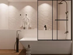 Vente-unique Pare baignoire coulissant noir mat avec porte serviette - 120x140 cm - WAIMEA